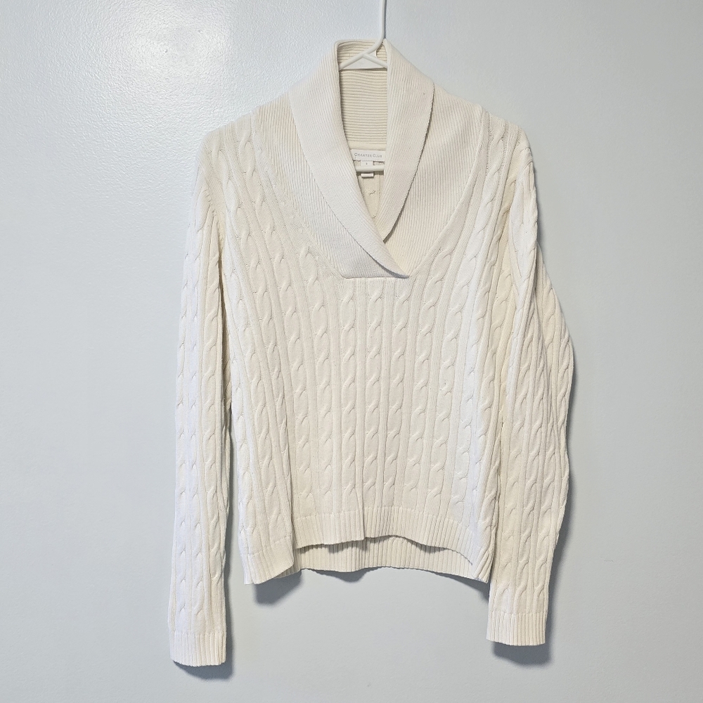 Charter Club Shawl Neck Cotton/Nylon Sweater Ivory/Creme Cable Knit Size S